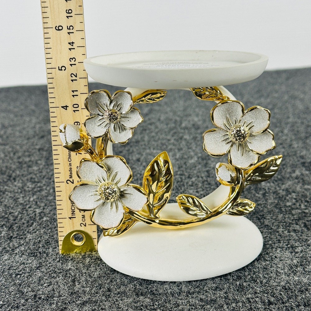 Bath & Body Works Gold Floral 3-Wick Candle Holder White Flower Pedestal Stand - Picture 8 of 8